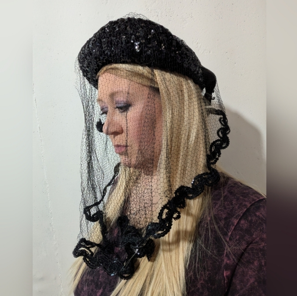Black Sequin Beret With Veil